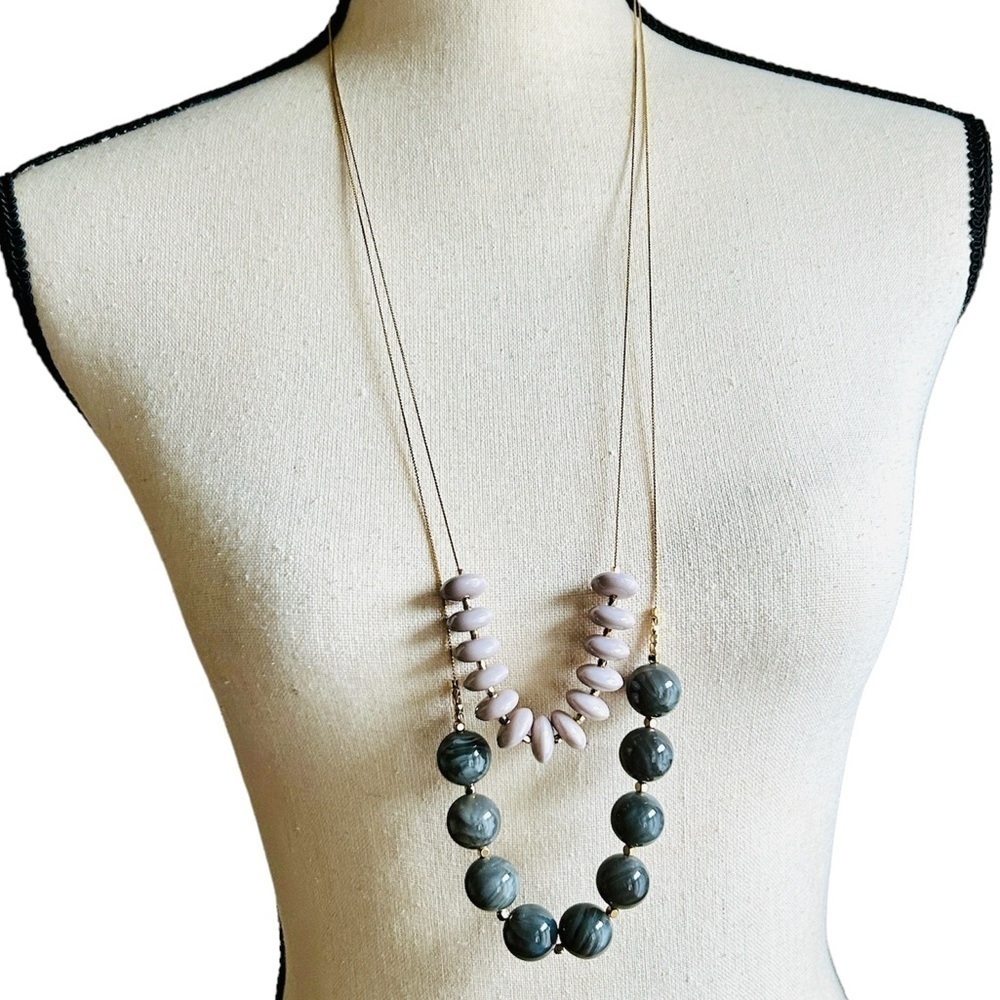 Talbots Necklace Two Strand Ash Grey Shade Beads Goldtone Chain